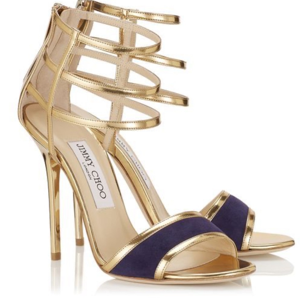 Jimmy Choo Gold & Navy Cage Heels